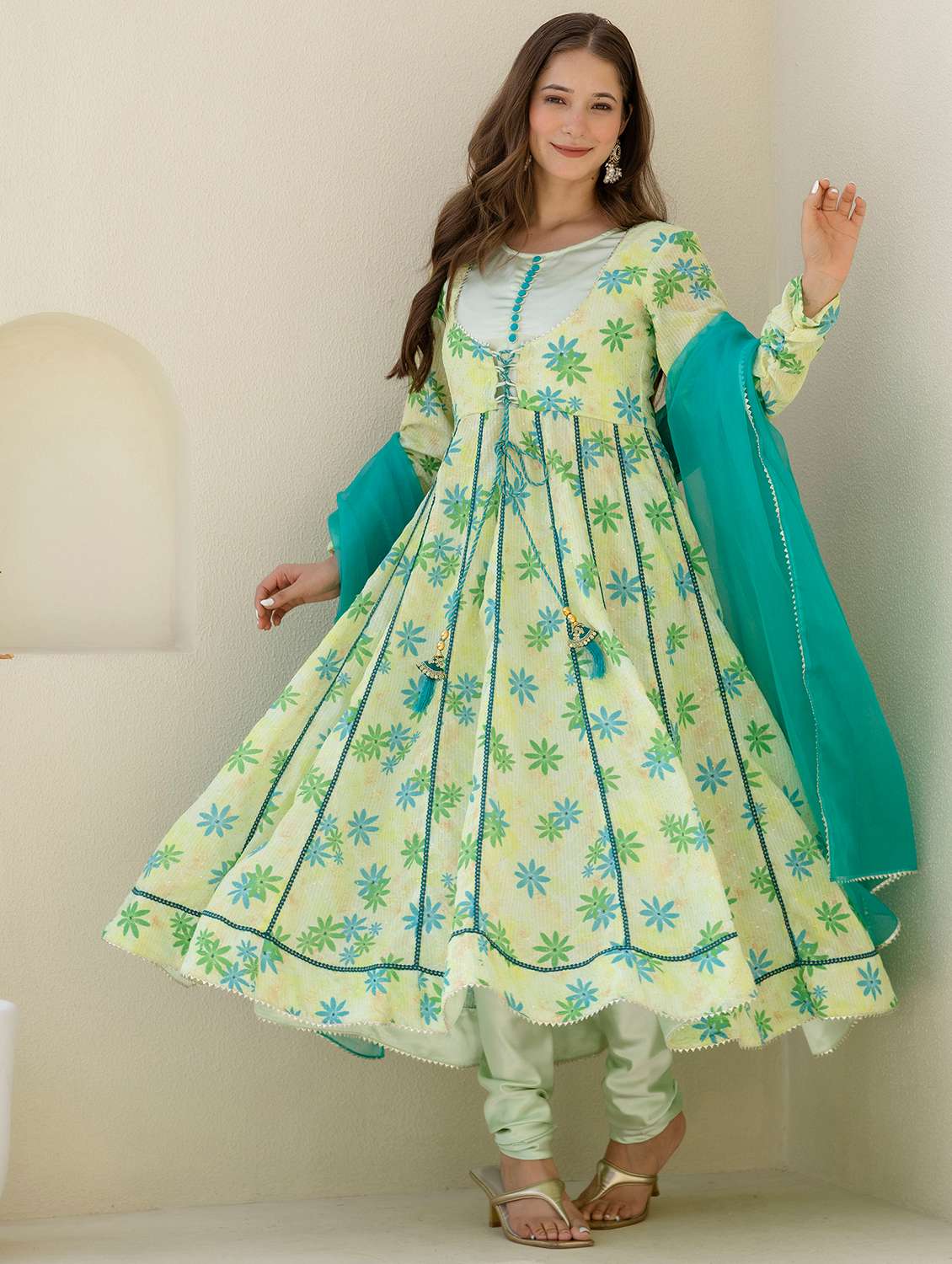 women floral long sleeve kurta churidaar with dupatta set - 22303177 -  Standard Image - 1