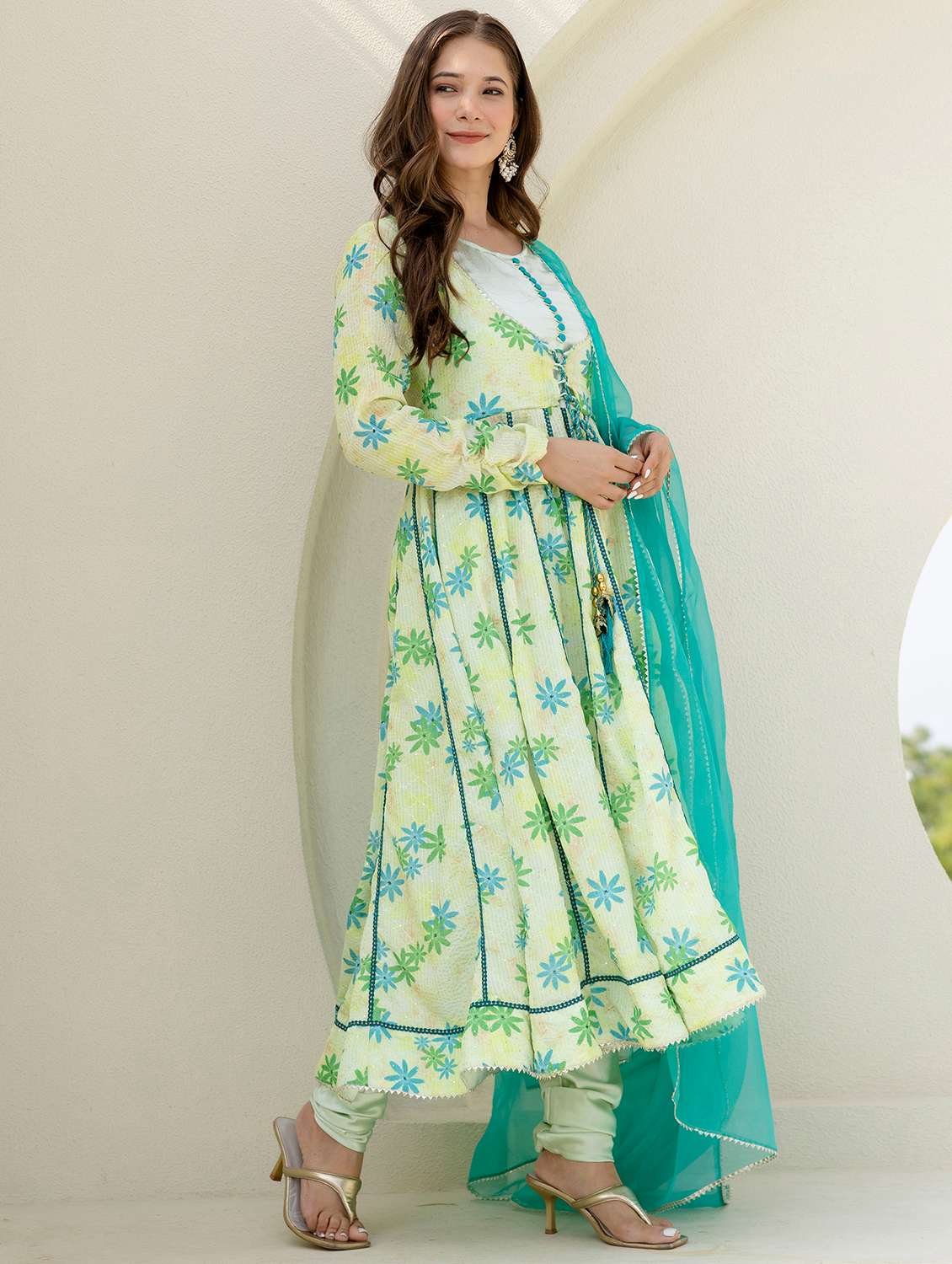 women floral long sleeve kurta churidaar with dupatta set - 22303177 -  Standard Image - 4