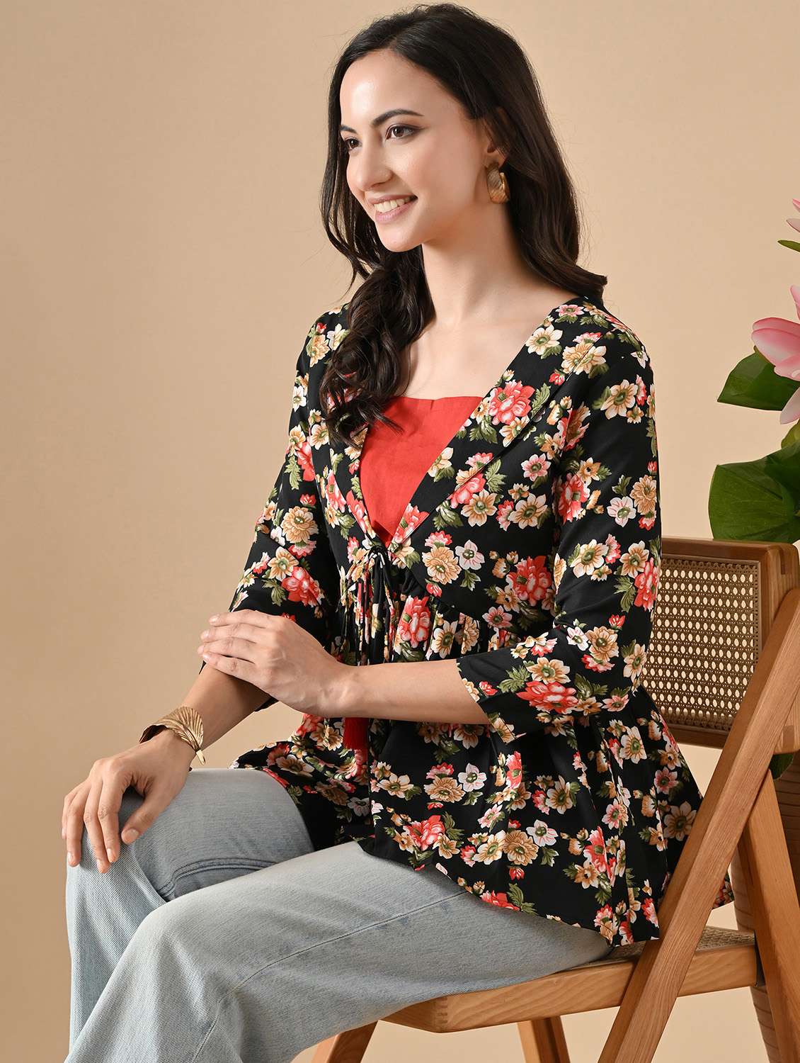 women floral three quarter sleeve ethnic top - 22303495 -  Standard Image - 1