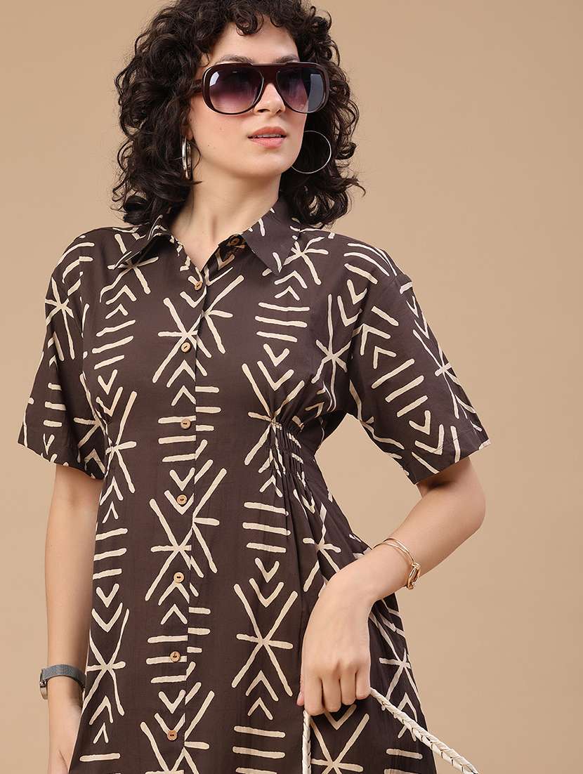 women printed short sleeves a-line dress
