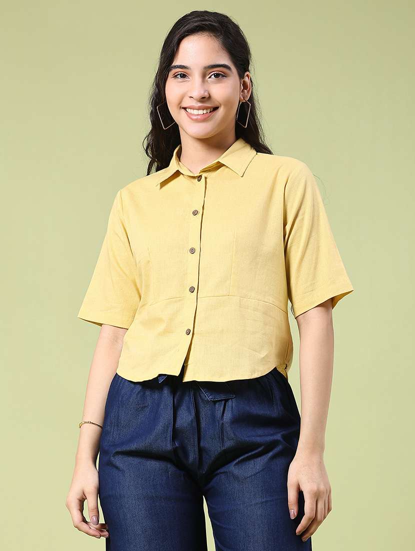 women solid short sleeves crop shirt