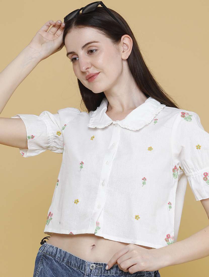 women embroidered short sleeves crop top