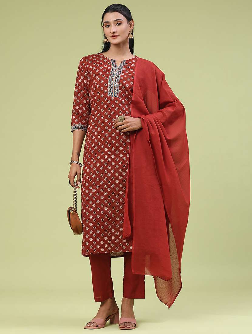 women printed three quarter sleeve kurta pant with dupatta set - 22304779 -  Standard Image - 1