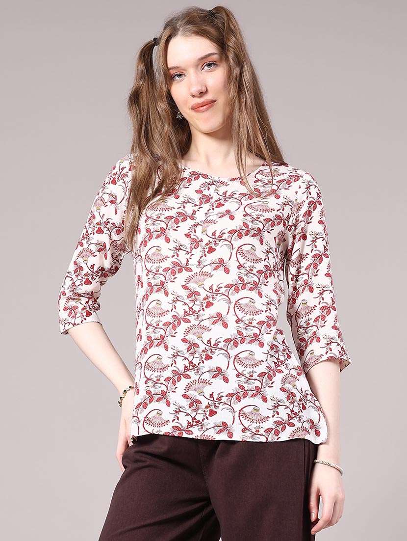 women floral three quarter sleeve straight kurti - 22305217 -  Standard Image - 4