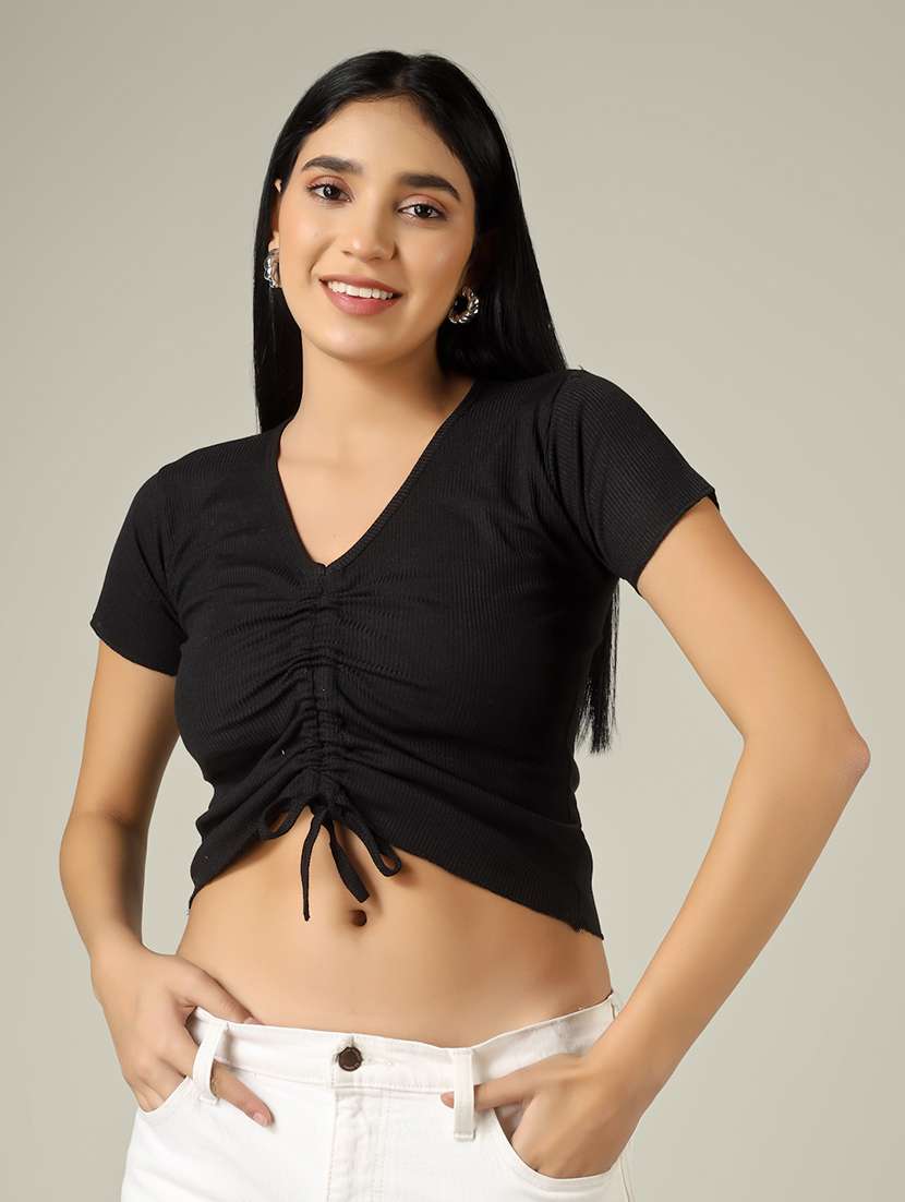 women solid short sleeve ruched crop top - 22305730 -  Standard Image - 1