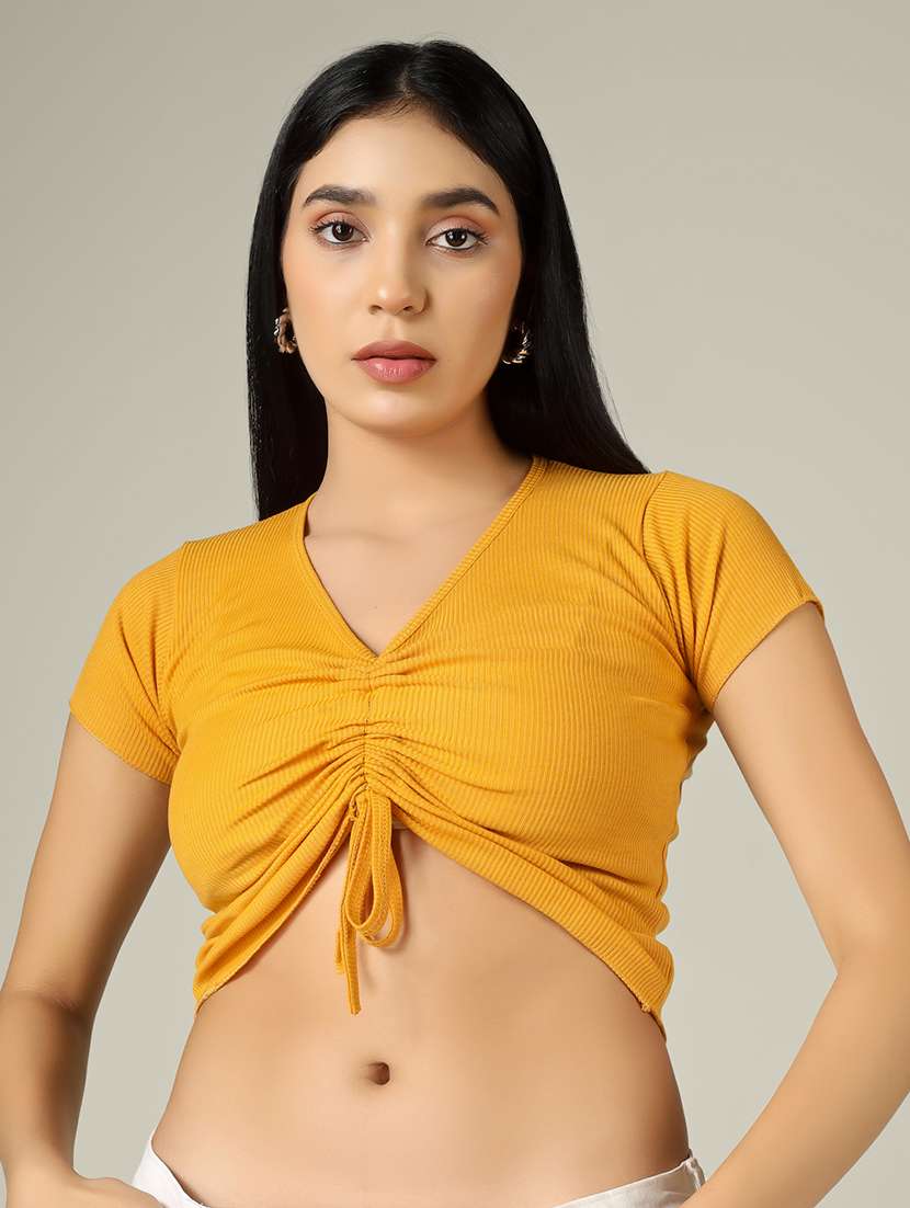 women solid short sleeve ruched crop top - 22305733 -  Standard Image - 1
