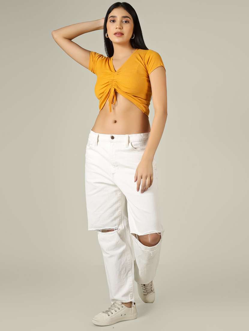women solid short sleeve ruched crop top - 22305733 -  Standard Image - 4