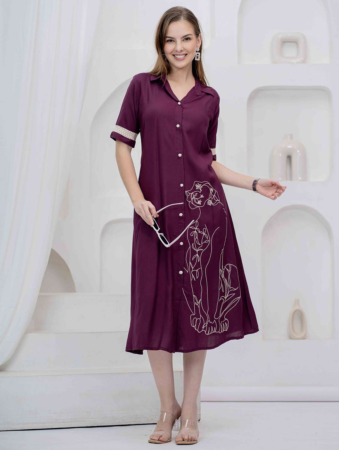 women embroidered collared short sleeve shirt dress