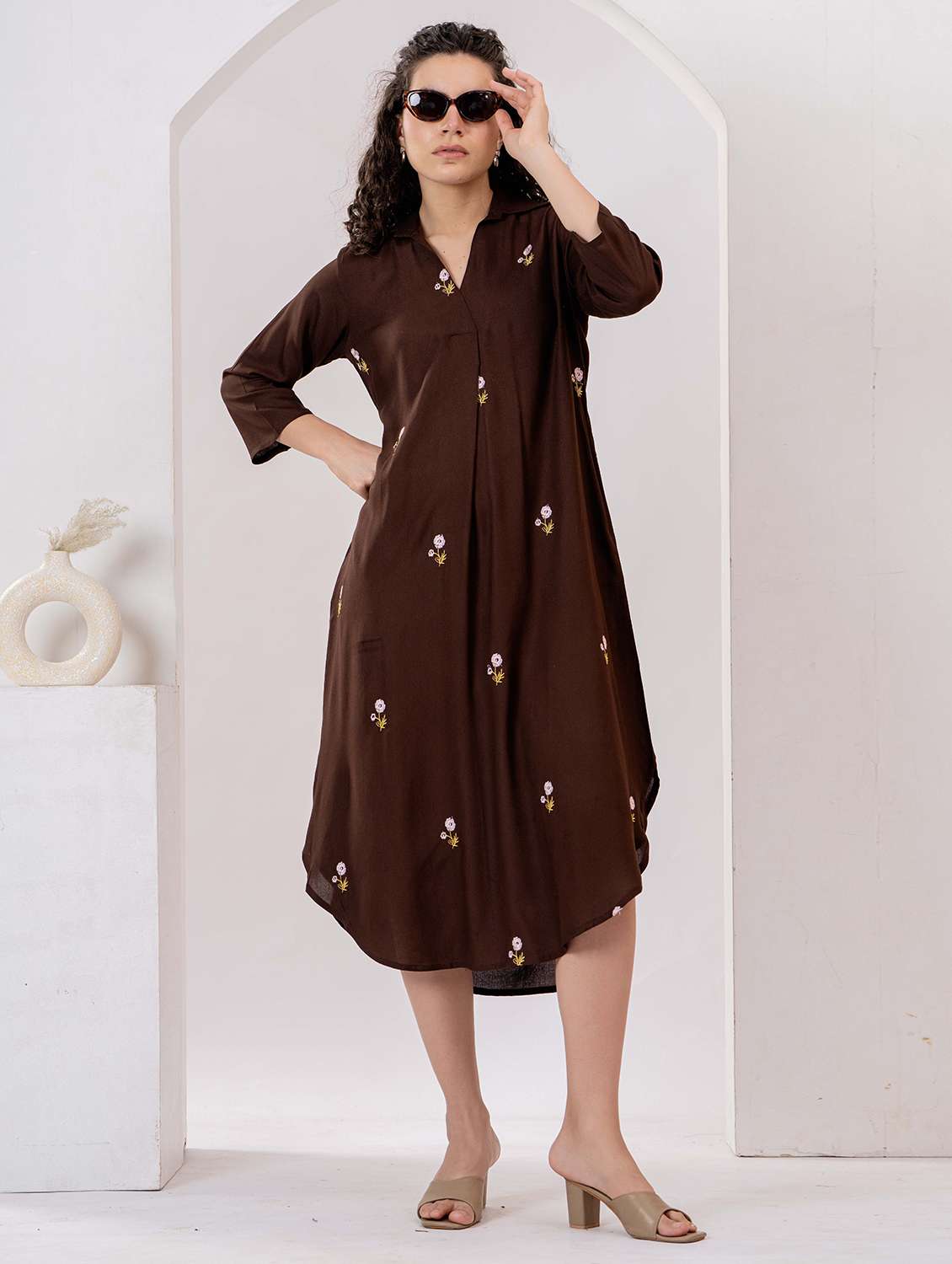 women embroidered three quarter sleeve asymmetric dress