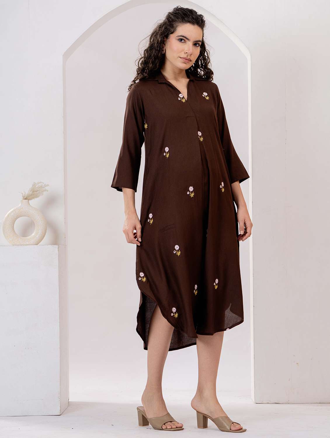 women embroidered three quarter sleeve asymmetric dress - 22305883 -  Standard Image - 1
