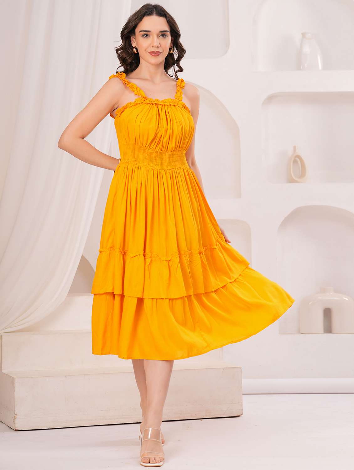 women solid shoulder strap tiered dress - 22305885 -  Standard Image - 1