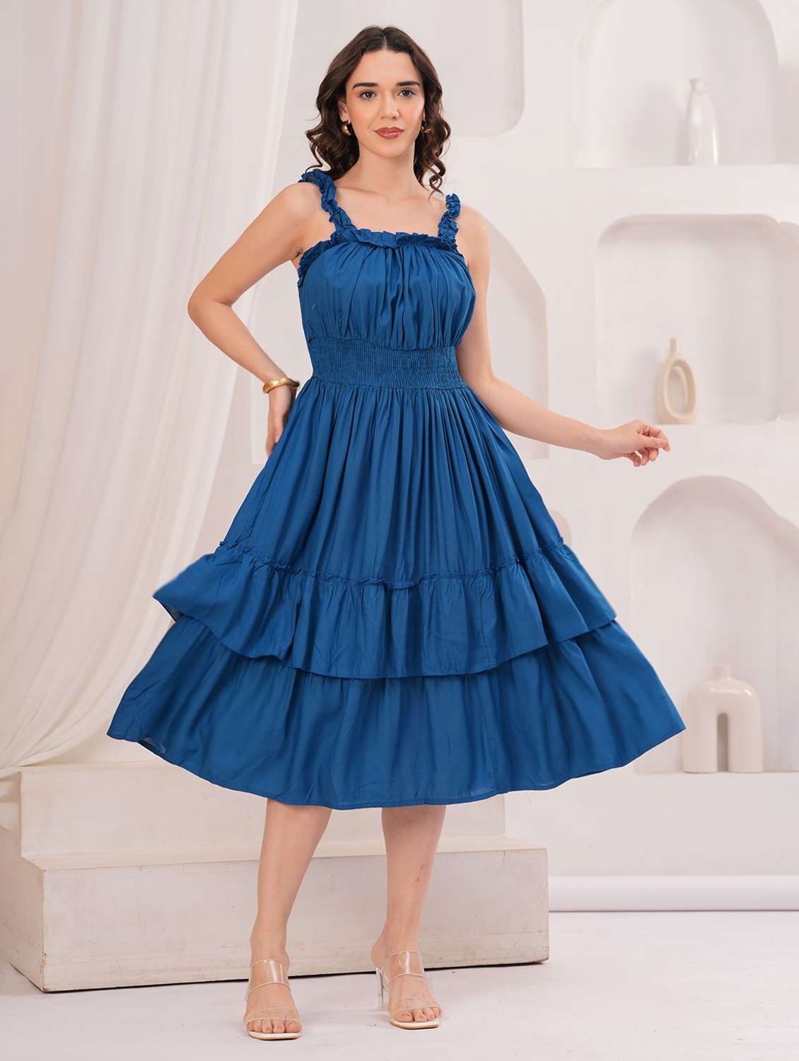 women solid shoulder strap tiered dress - 22305886 -  Standard Image - 1