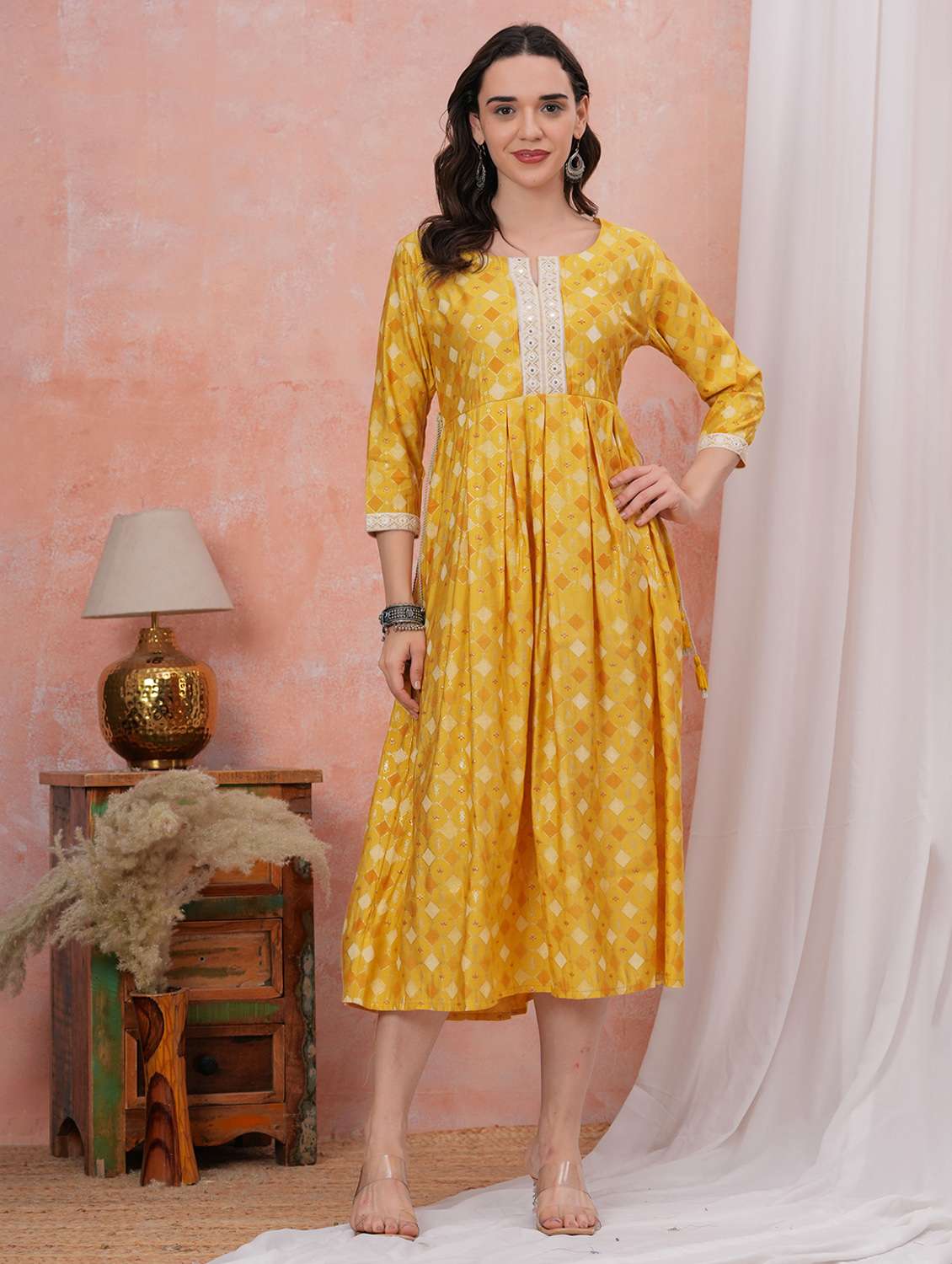 women printed three quarter sleeve fit & flare dress - 22305888 -  Standard Image - 1