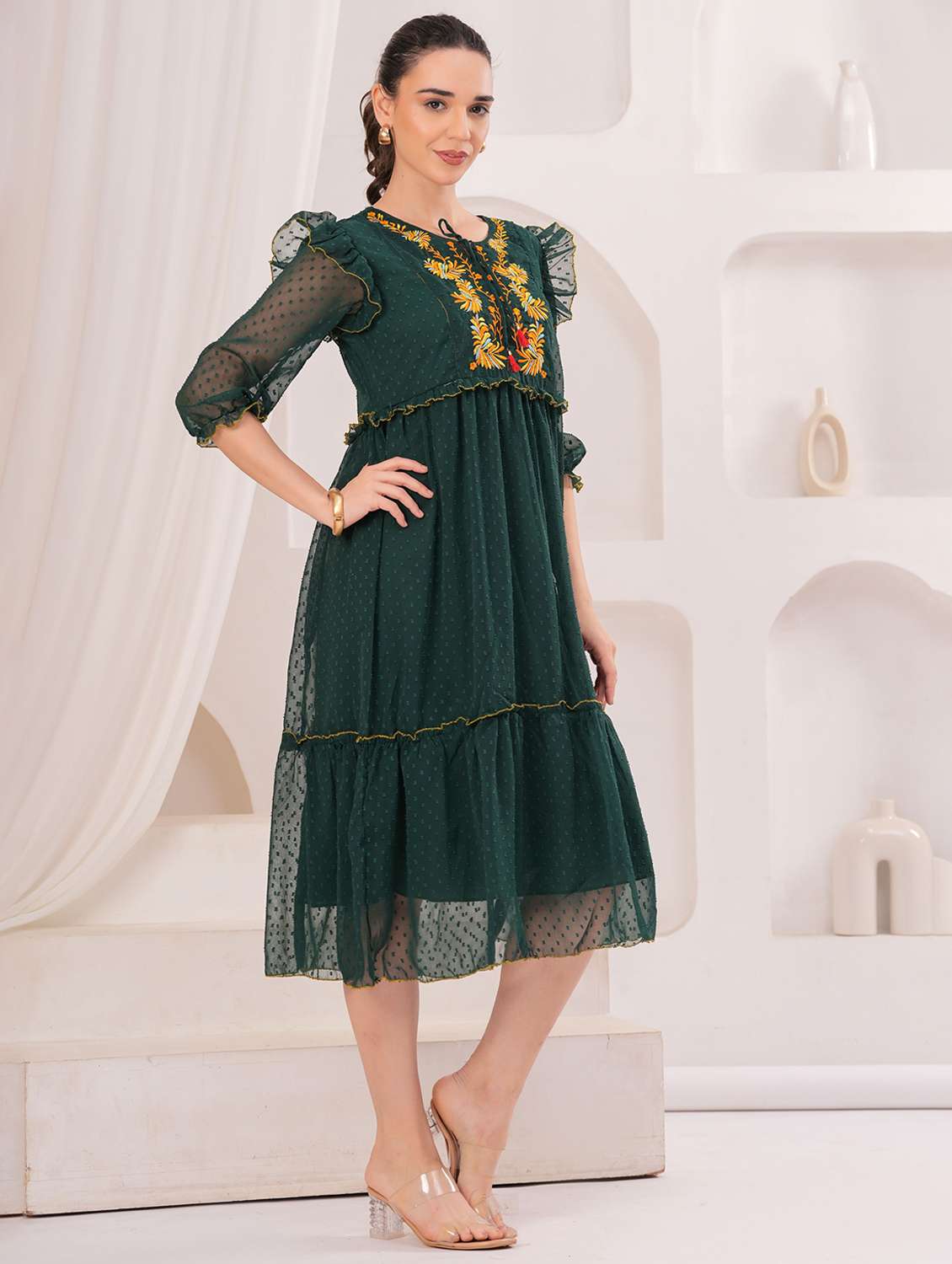 women self designed three quarter sleeve tiered dress - 22305890 -  Standard Image - 1