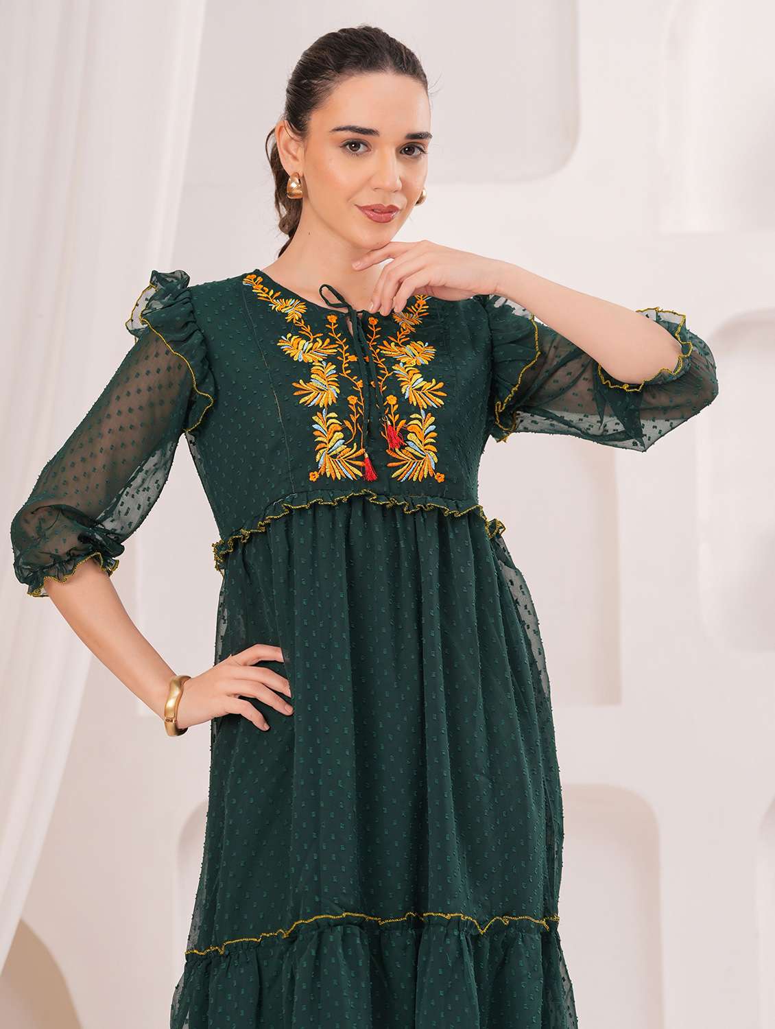 women self designed three quarter sleeve tiered dress - 22305890 -  Standard Image - 4