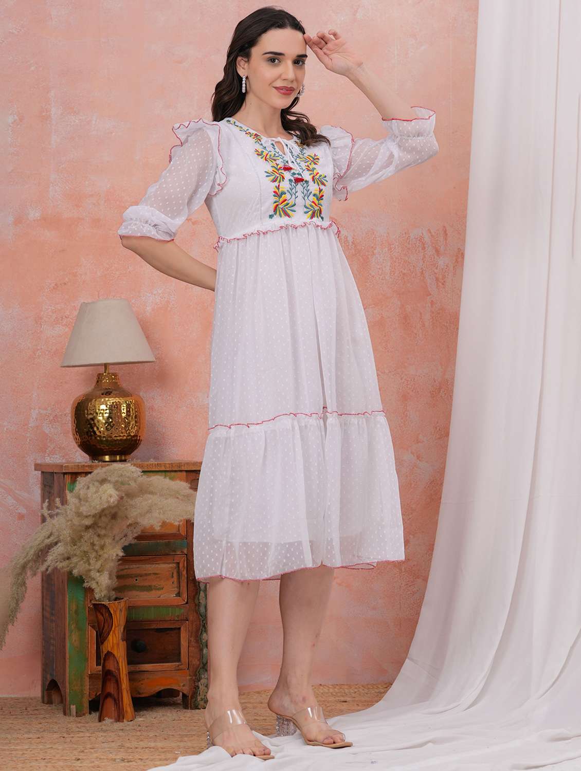 women self designed three quarter sleeve tiered dress - 22305892 -  Standard Image - 1