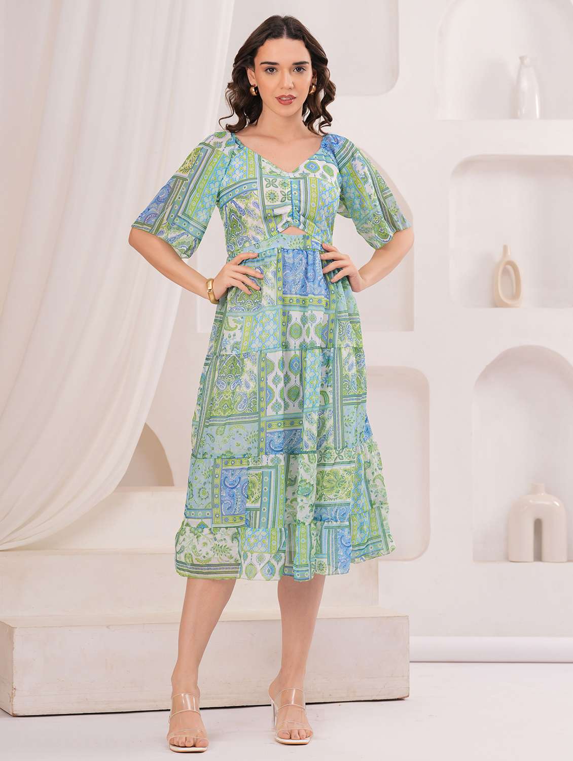 women printed puff sleeve tiered dress