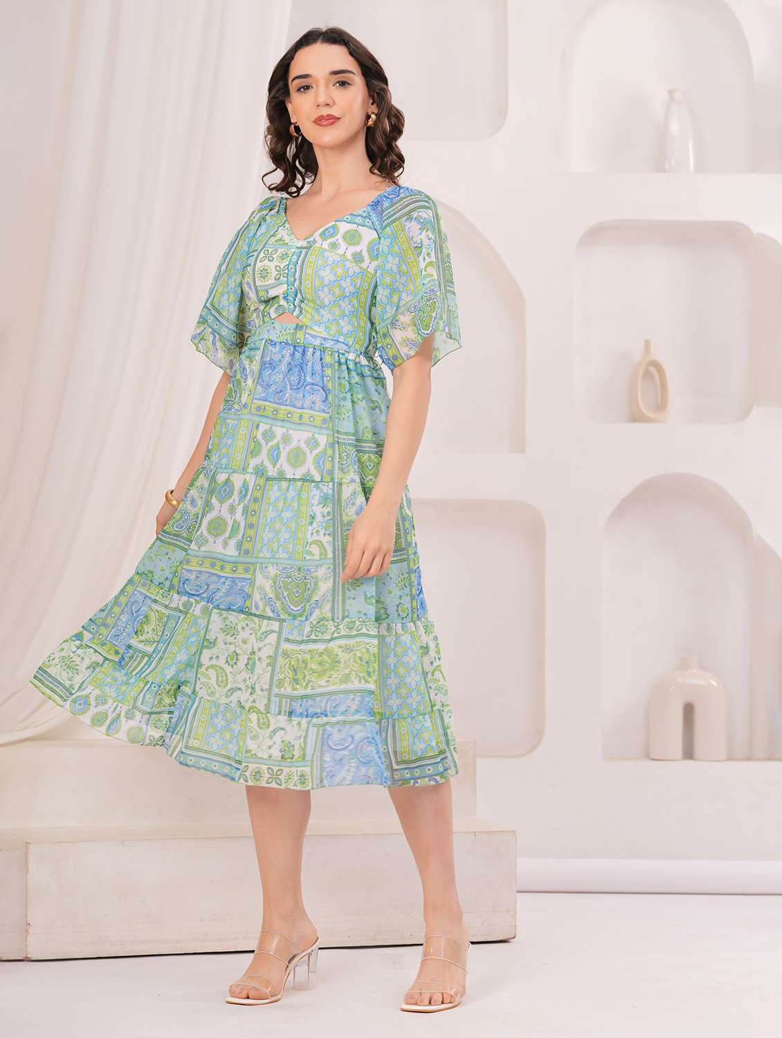women printed puff sleeve tiered dress - 22305897 -  Standard Image - 1