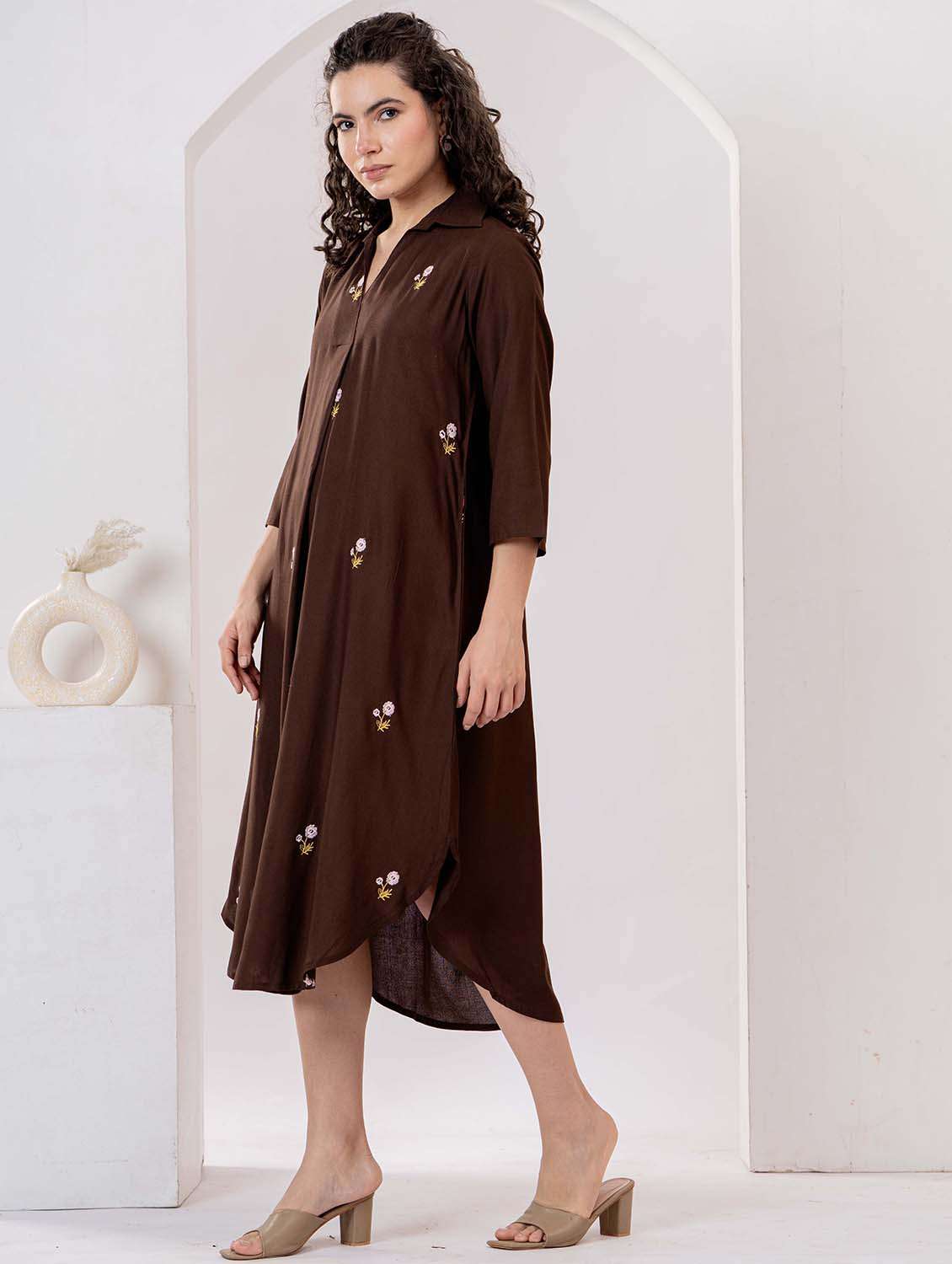 women embroidered three quarter sleeve asymmetric dress - 22305900 -  Standard Image - 1