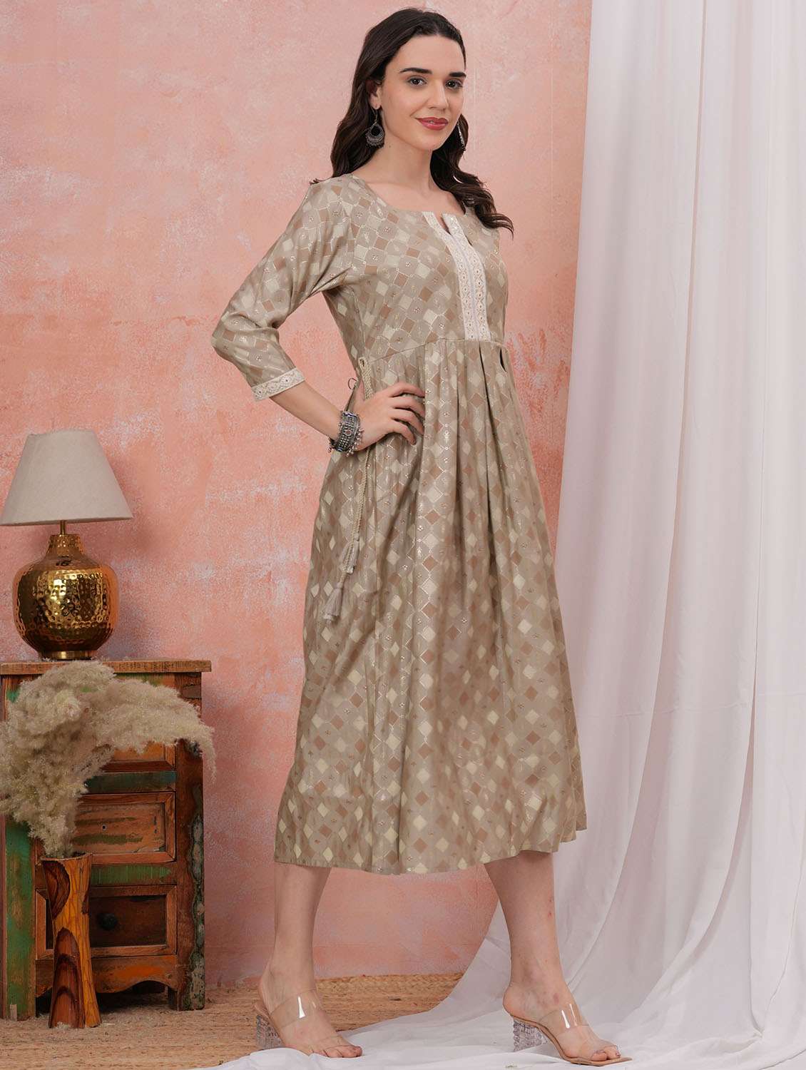 women printed three quarter sleeve fit & flare dress - 22305904 -  Standard Image - 1