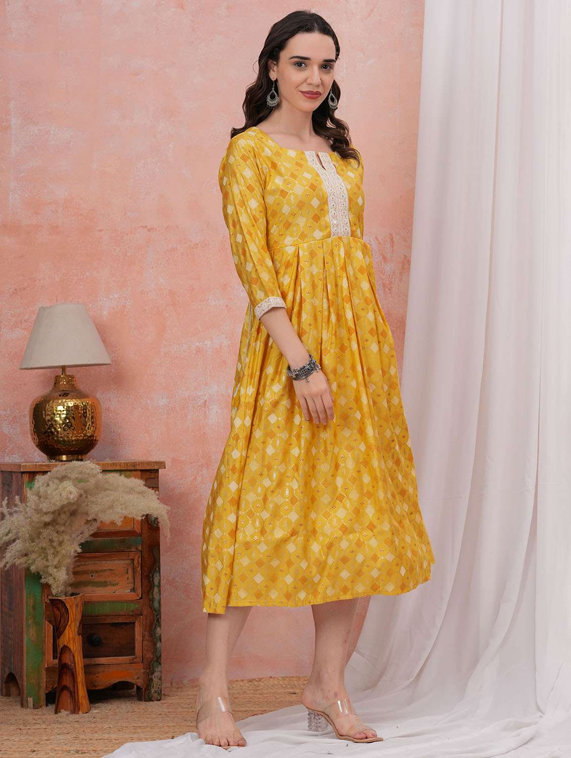 women printed three quarter sleeve fit & flare dress - 22305905 -  Standard Image - 1
