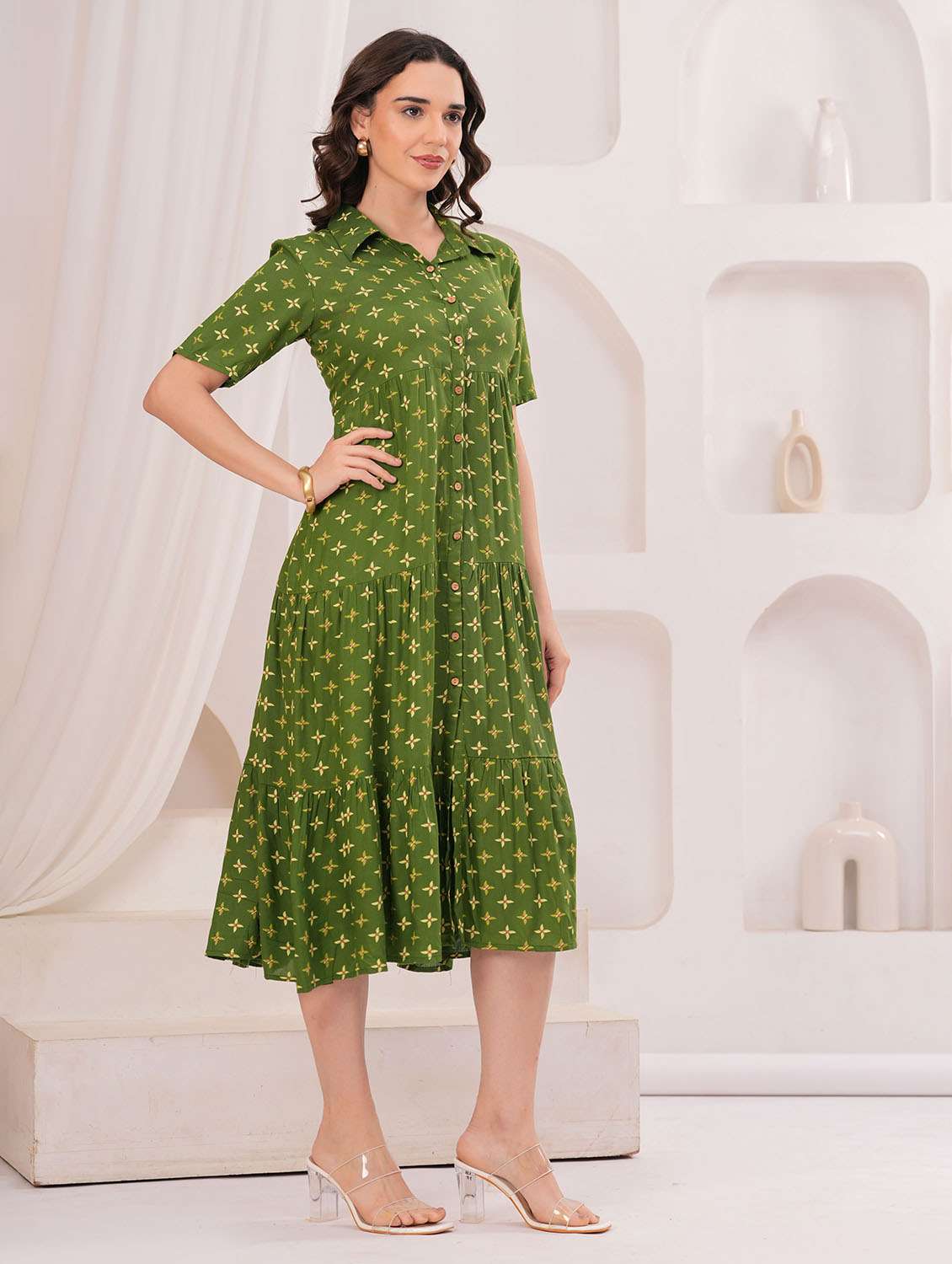 women printed collared short sleeve tiered dress - 22305906 -  Standard Image - 1