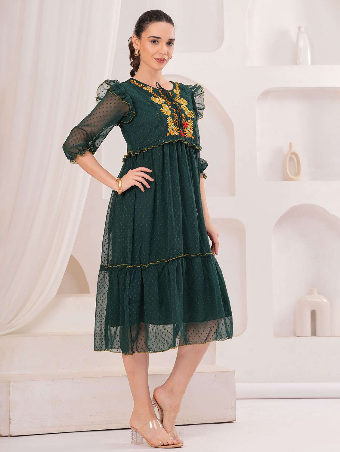 women self designed three quarter sleeve tiered dress - 22305907 -  Standard Image - 1