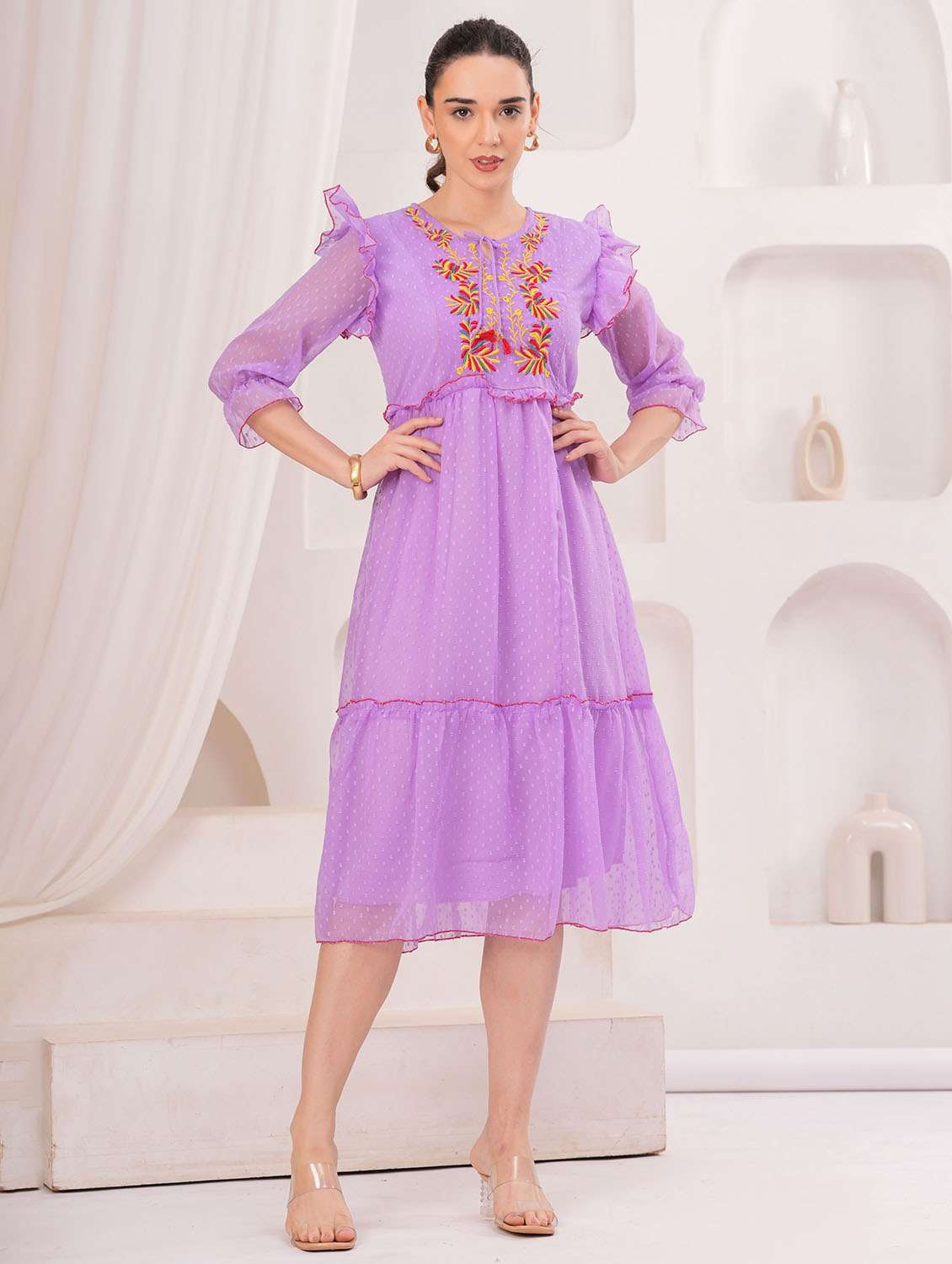 women self designed three quarter sleeve tiered dress