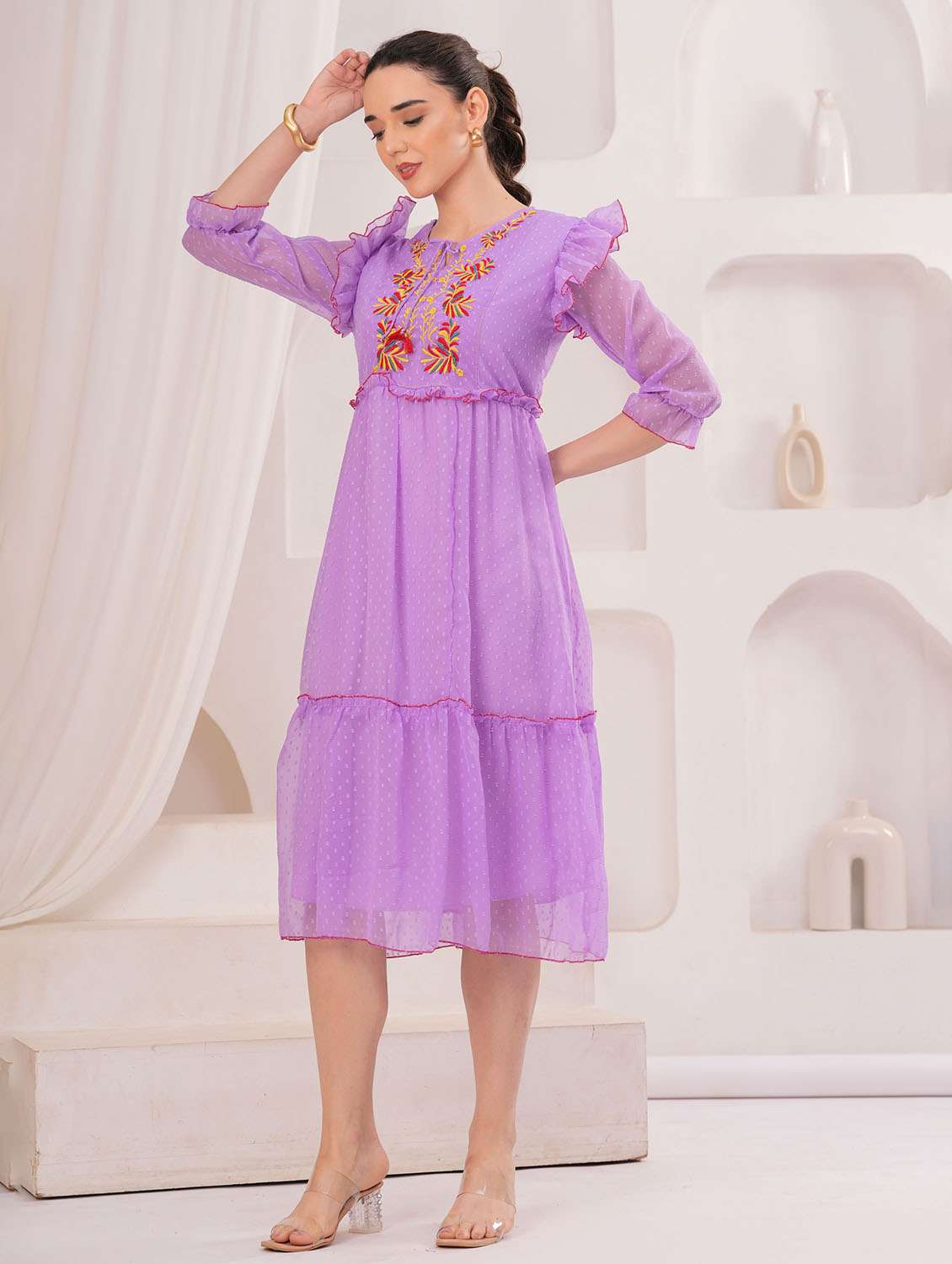 women self designed three quarter sleeve tiered dress - 22305908 -  Standard Image - 1