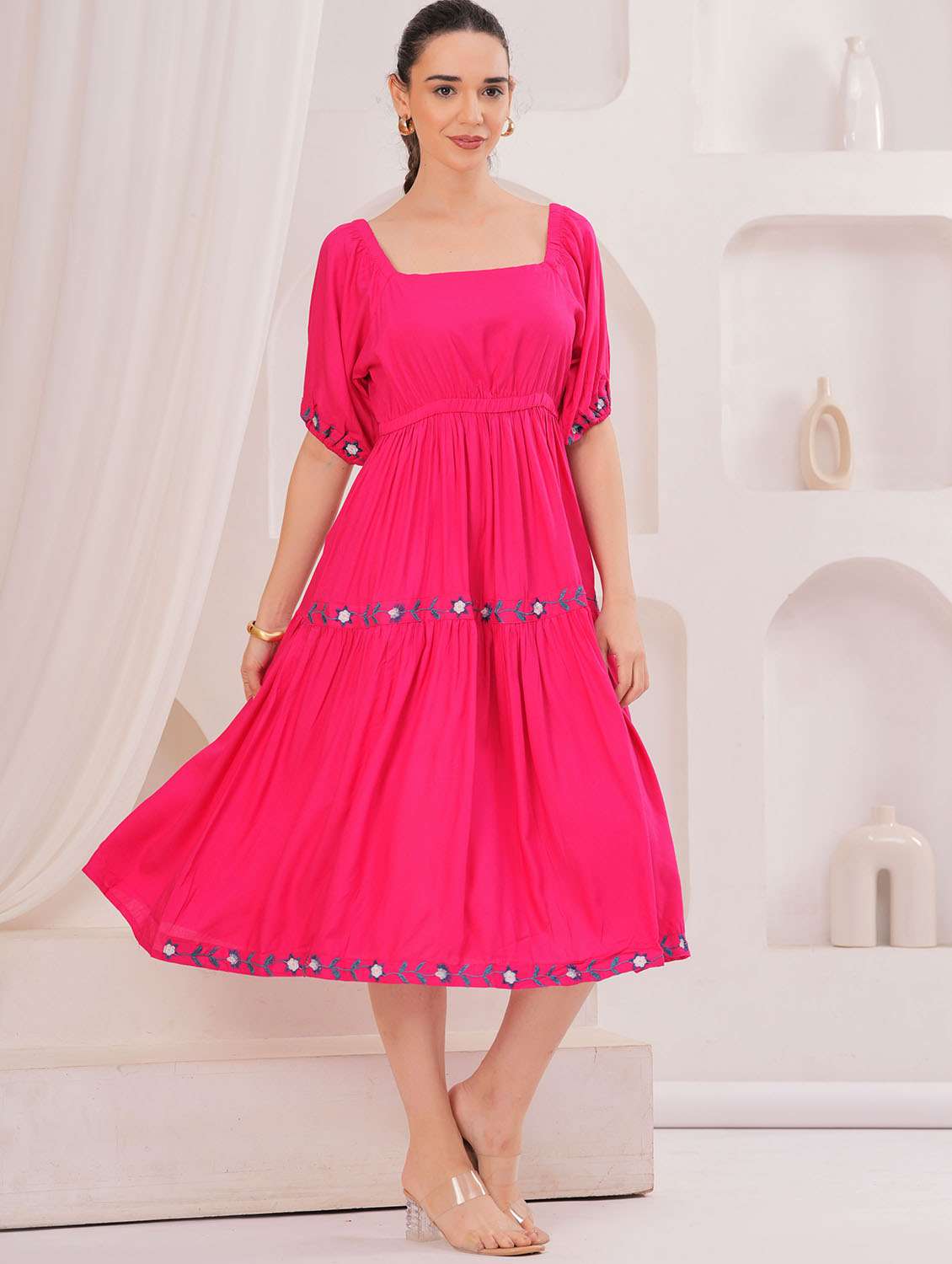 women embroidered puff sleeve tiered dress - 22305912 -  Standard Image - 1