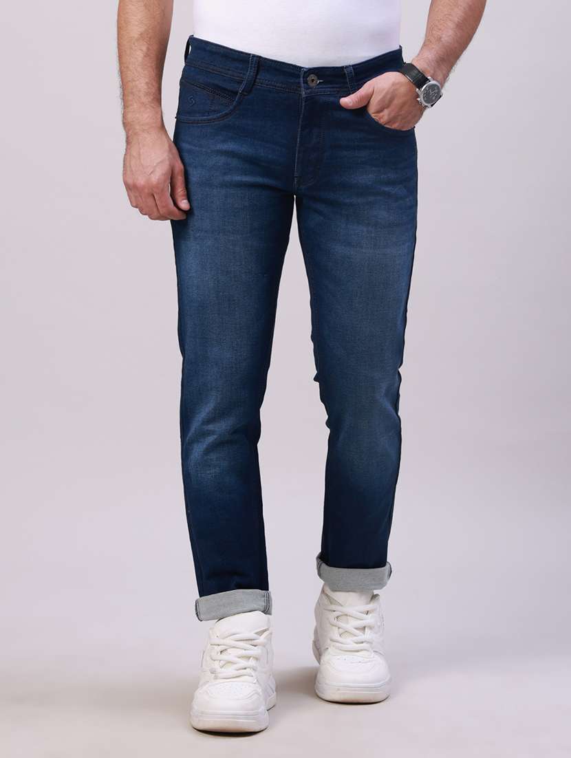 men washed mid rise full length jeans