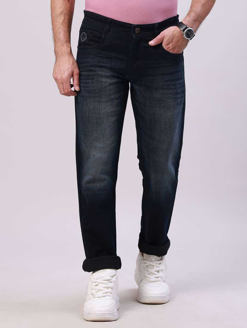 men washed mid rise full length jeans