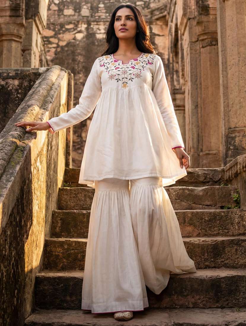 women solid with work long sleeve kurta sharara set - 22306080 -  Standard Image - 1