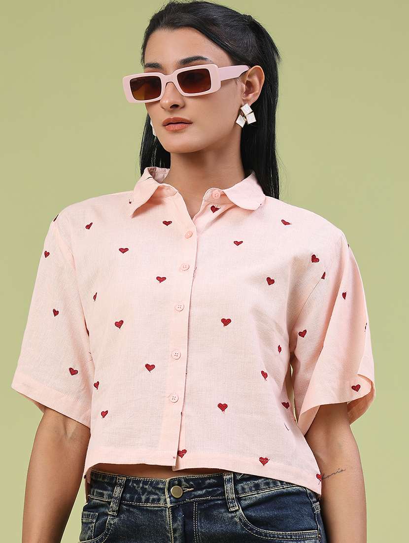 women printed collared short sleeve boxy shirt