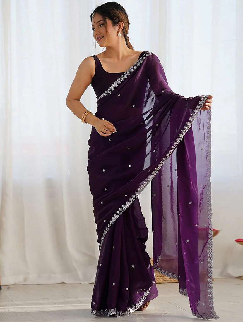 women solid with work embroidered saree with blouse - 22307618 -  Standard Image - 1