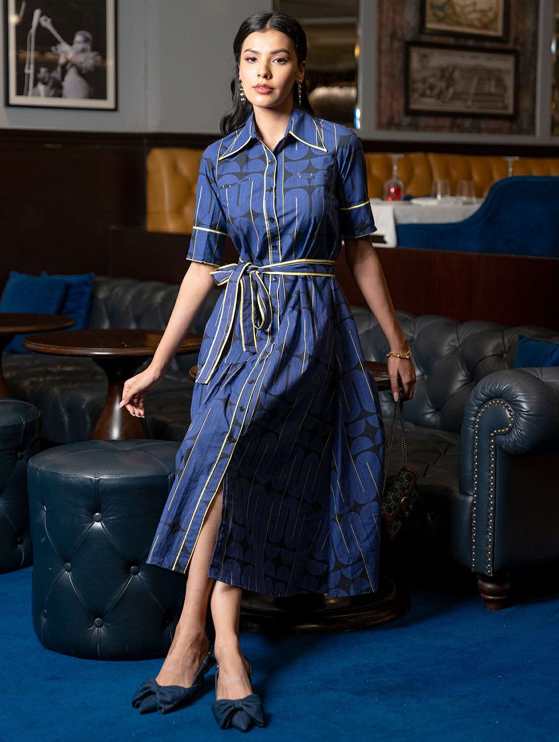 women printed collared short sleeve shirt dress