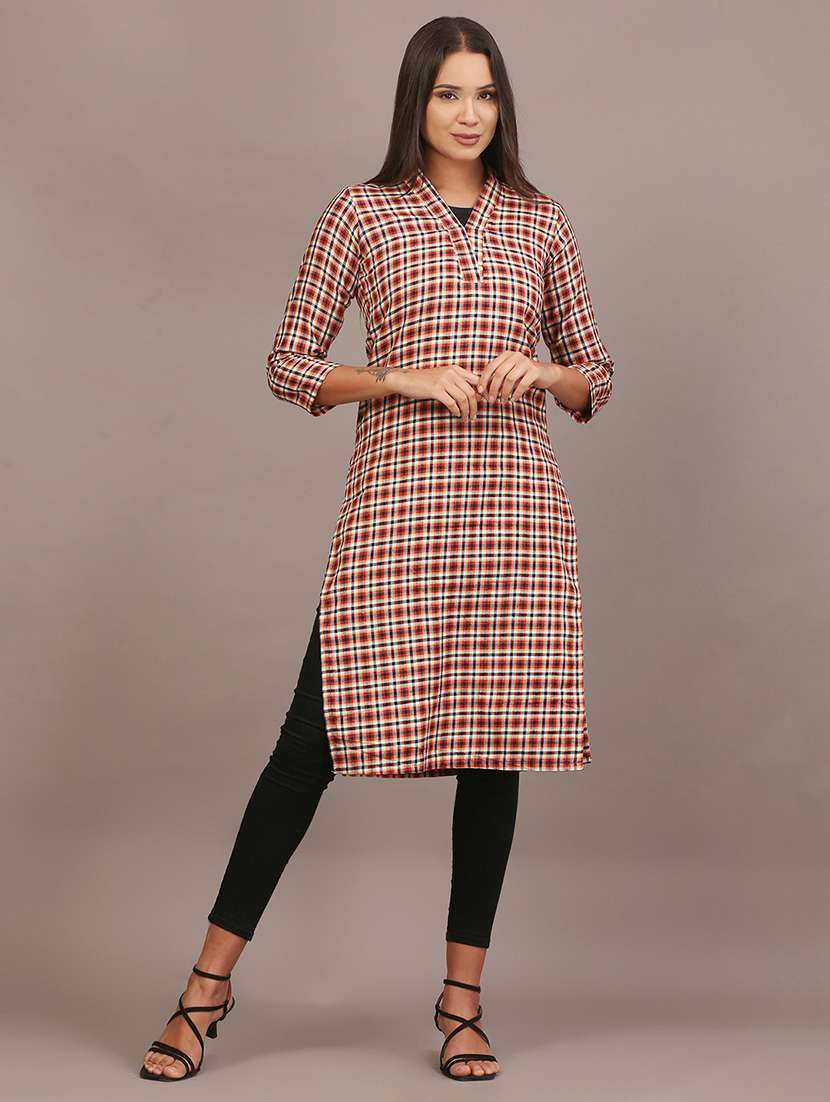 women checkered three quarter sleeve kurta - 22307669 -  Standard Image - 1
