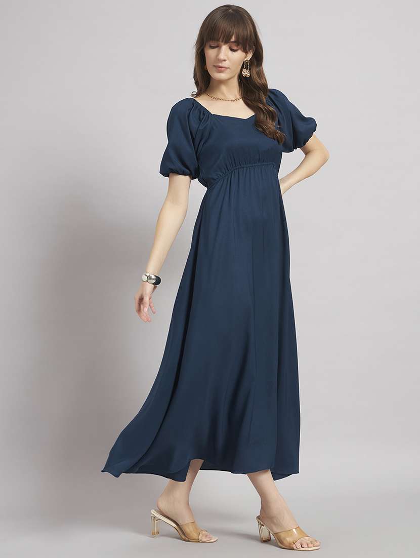 women solid puff sleeve a-line dress - 22307790 -  Standard Image - 1