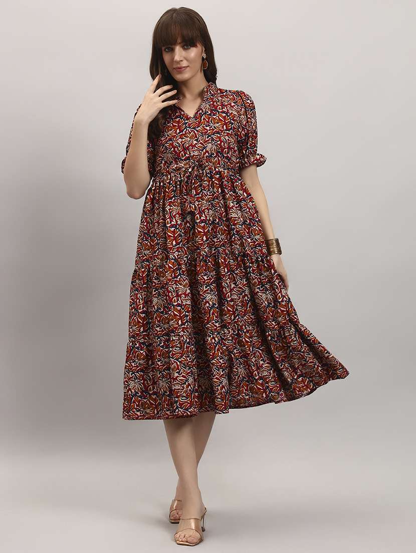 women printed short sleeve tiered dress