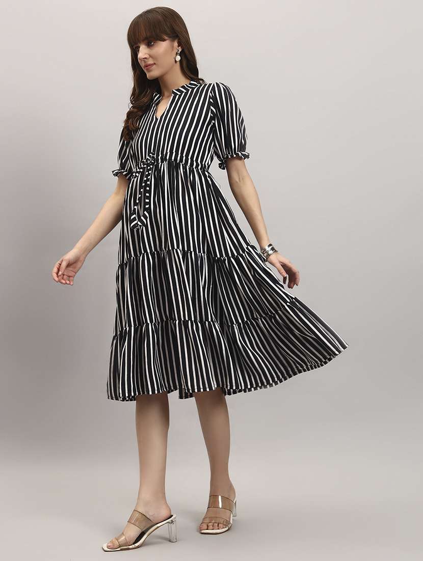 women striped puff sleeve tiered dress - 22308083 -  Standard Image - 1
