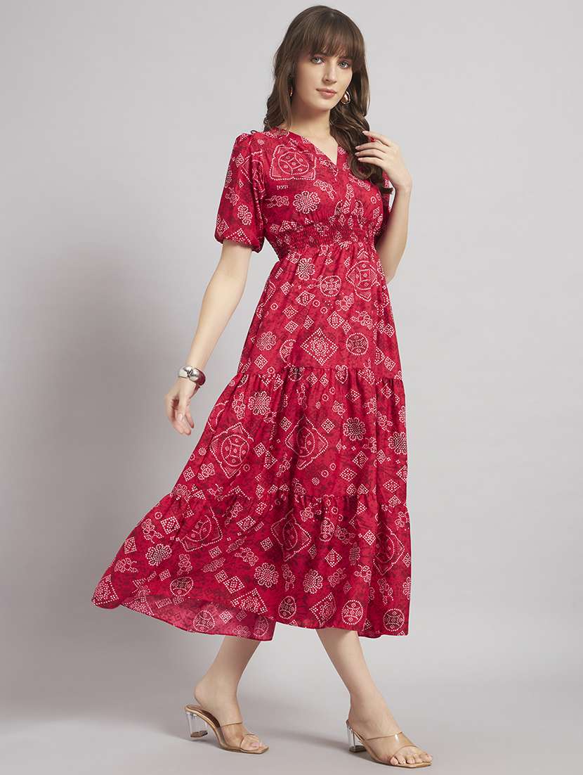 women bandhani puff sleeves tiered dress - 22308141 -  Standard Image - 1