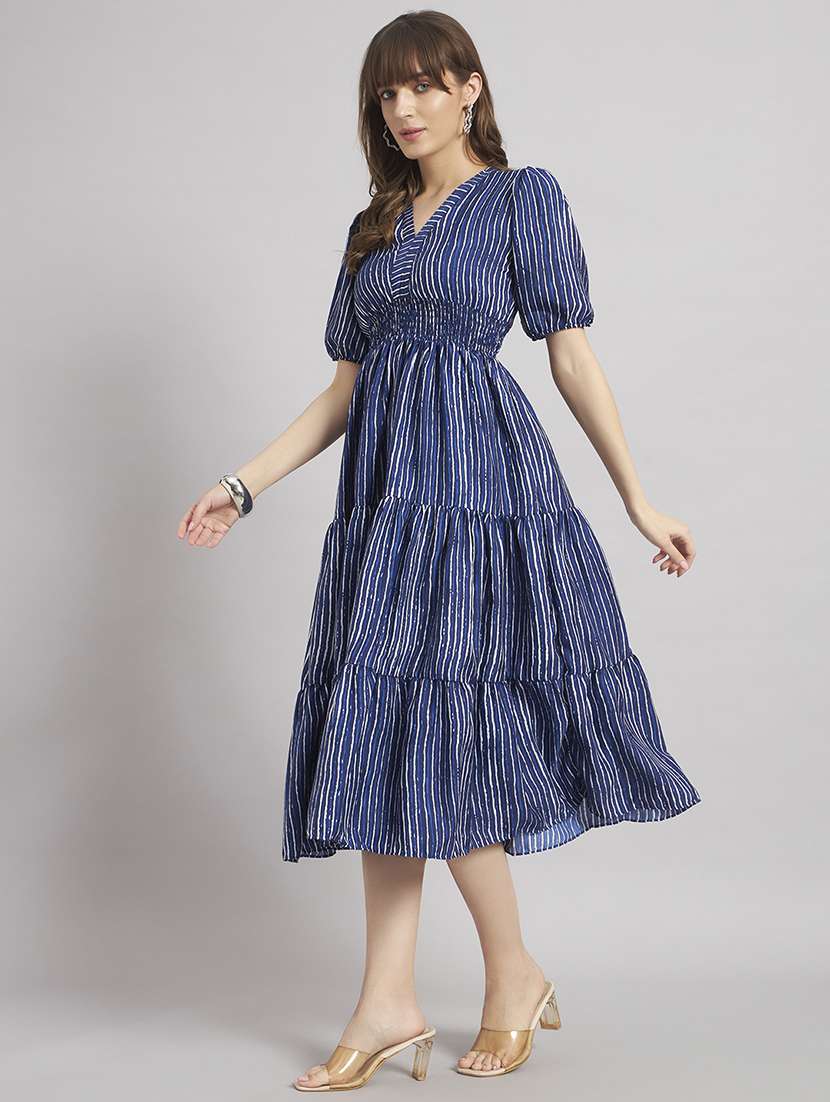 women striped puff sleeve tiered dress - 22308160 -  Standard Image - 1