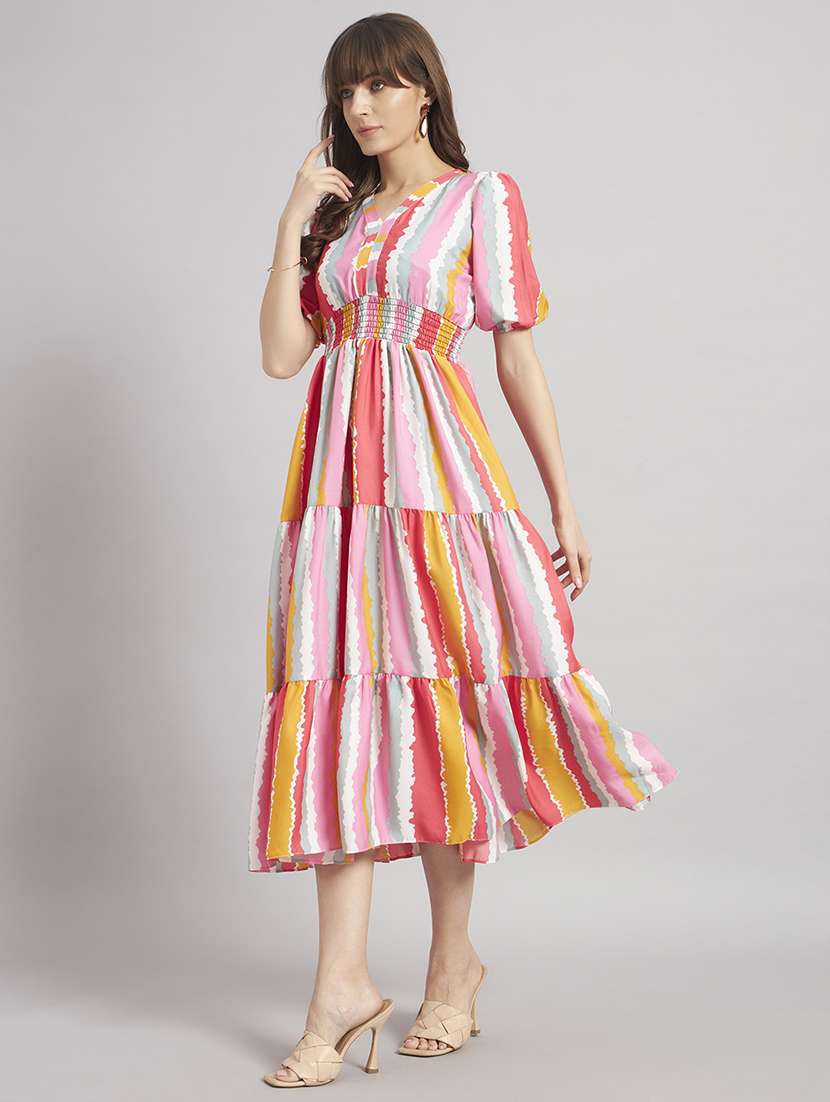 women striped puff sleeve tiered dress - 22308163 -  Standard Image - 1