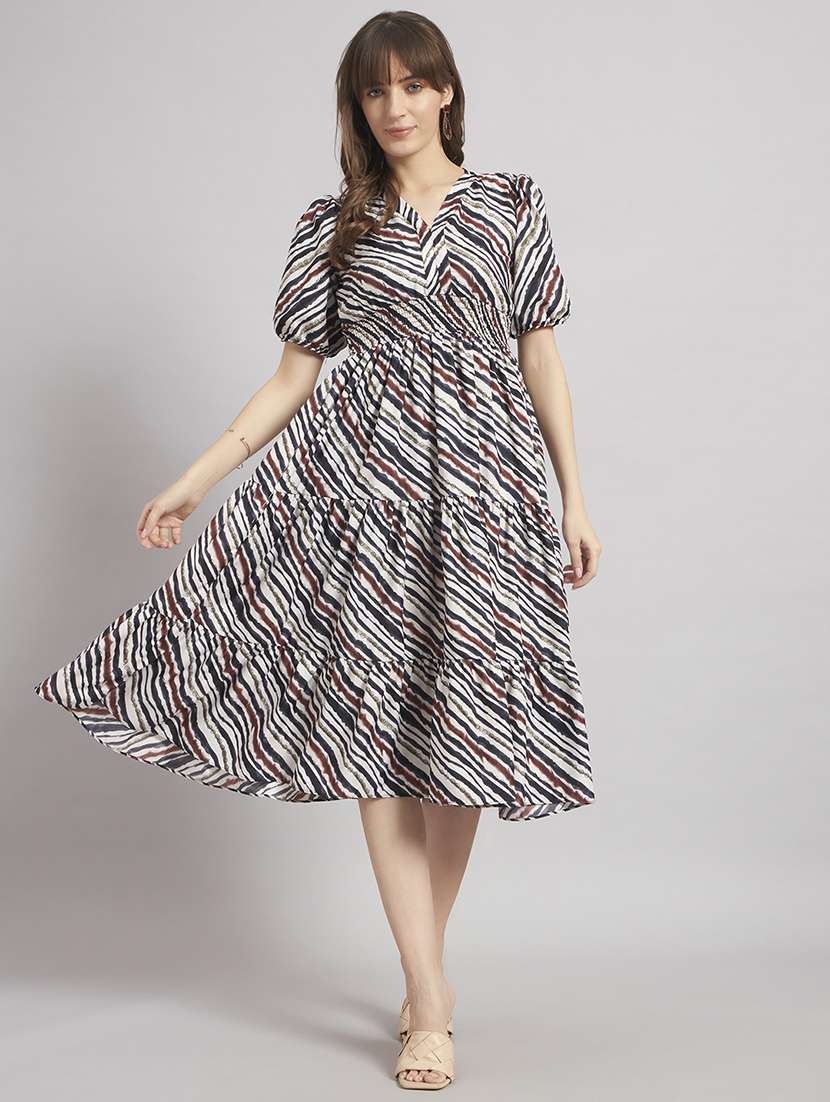 women printed puff sleeve tiered dress