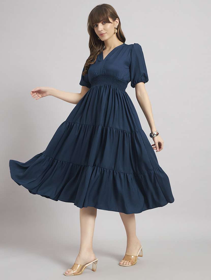 women solid puff sleeve tiered dress