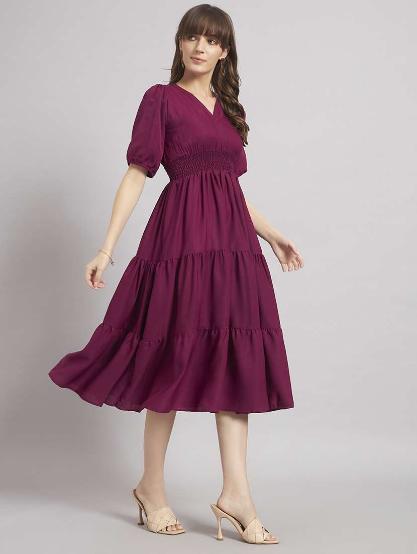 women solid puff sleeve tiered dress - 22308327 -  Standard Image - 1