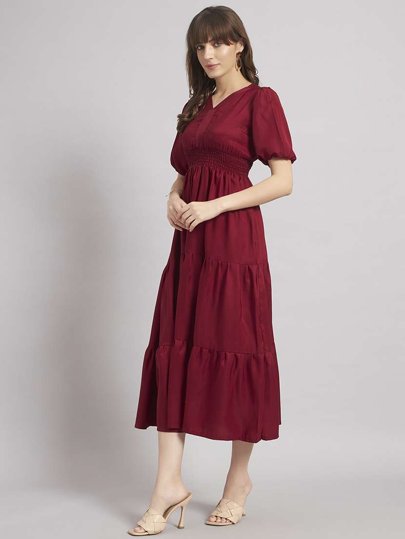 women solid puff sleeve tiered dress - 22308332 -  Standard Image - 1