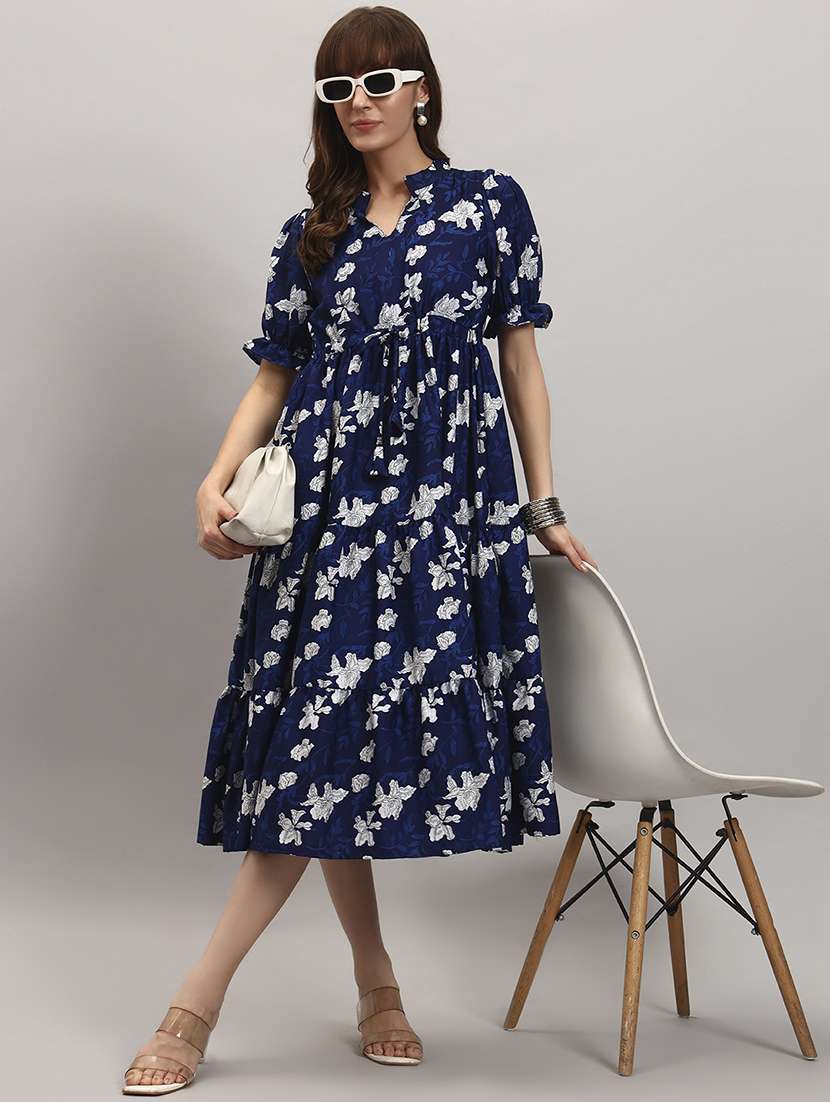 women floral print puff sleeves tiered dress