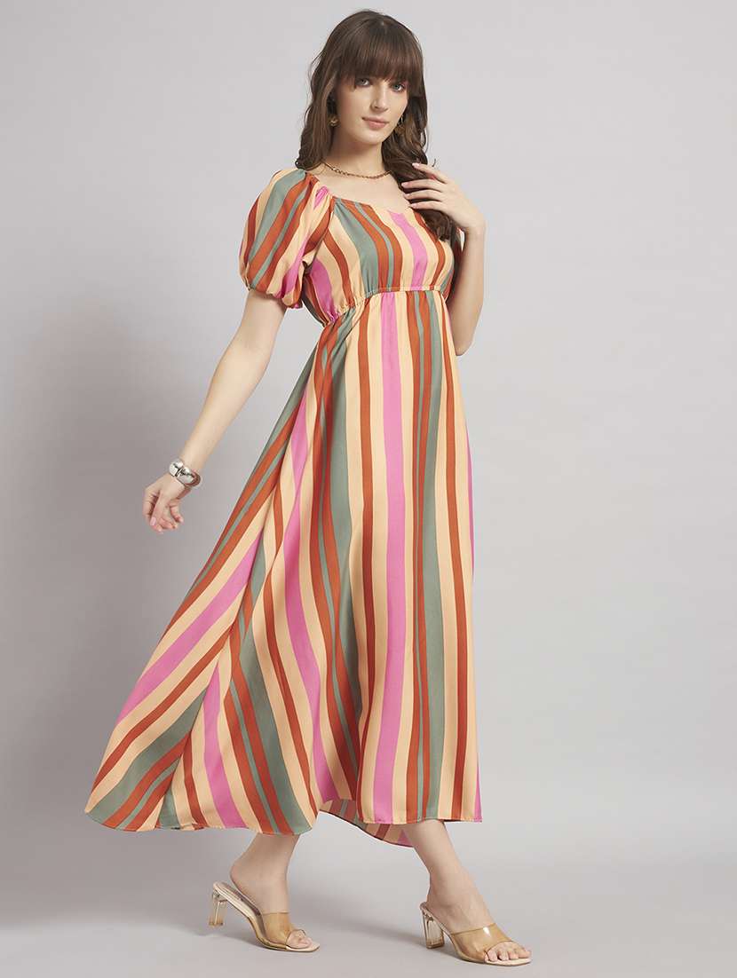 women striped puff sleeve a-line dress - 22308626 -  Standard Image - 1