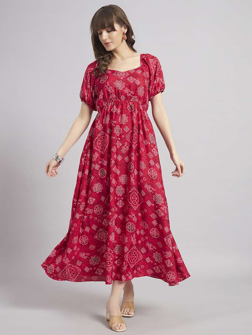 women bandhani print puff sleeve a-line dress